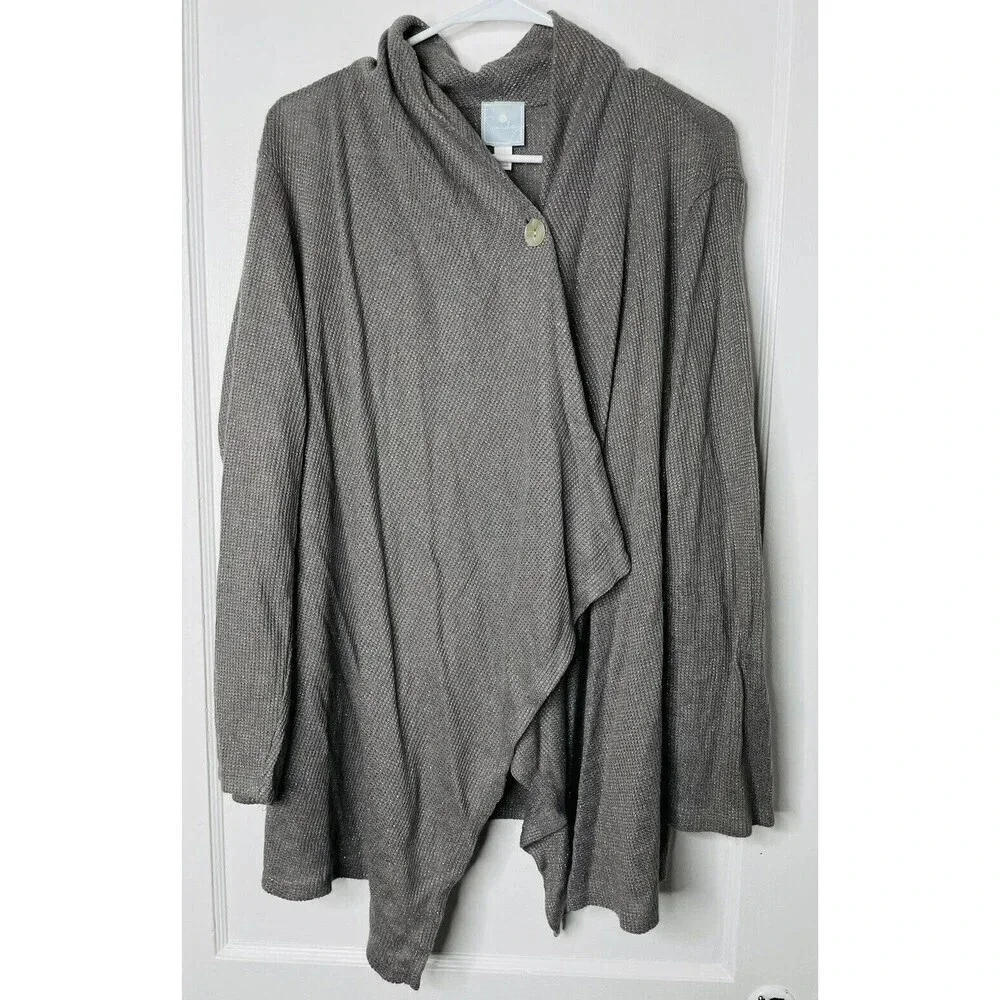 Sunday Womens Knit Metallic Cardigan Sz 1X Button Up Gray Long Sleeve Asymmetric